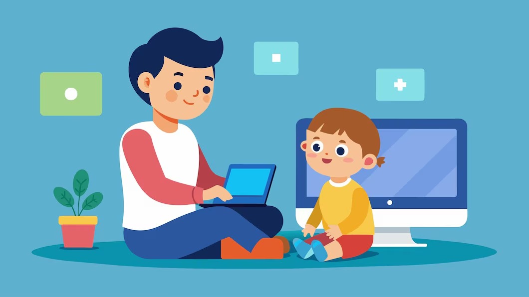 Parent helping toddler with online learning